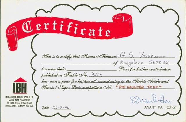 Tinkle 2nd Pub-Prize Certificate